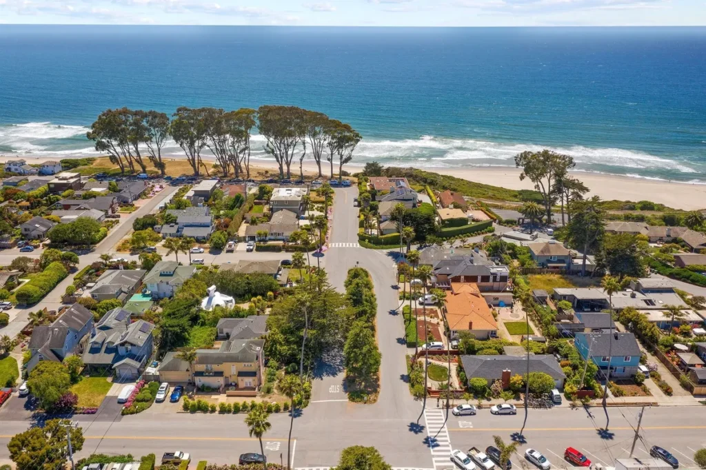 An aerial view of a real estate near the sea