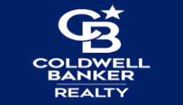 A blue and white logo for coldwell banker realty.